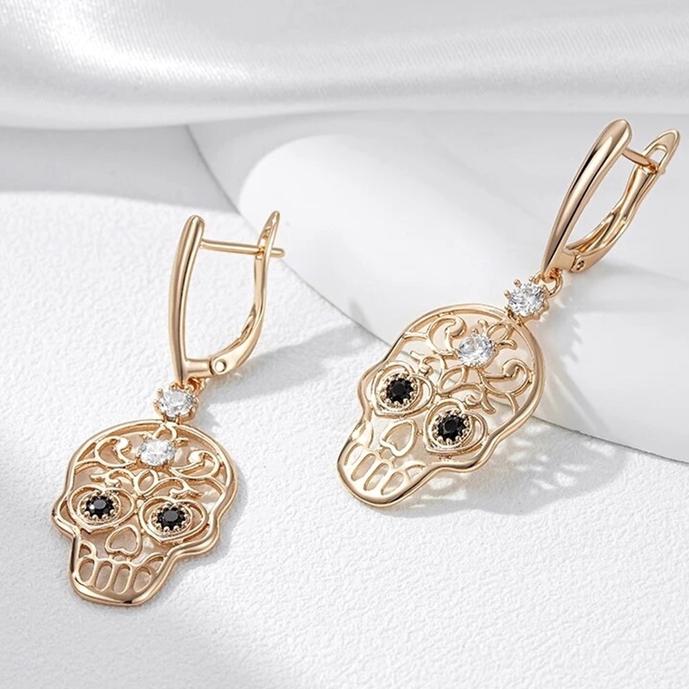 Rose Gold Sugar Skull Natural AAA Zircon Earrings - Picture 2 of 5